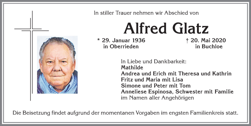 Traueranzeige von Alfred Glatz von Allgäuer Zeitung, Kaufbeuren/Buchloe