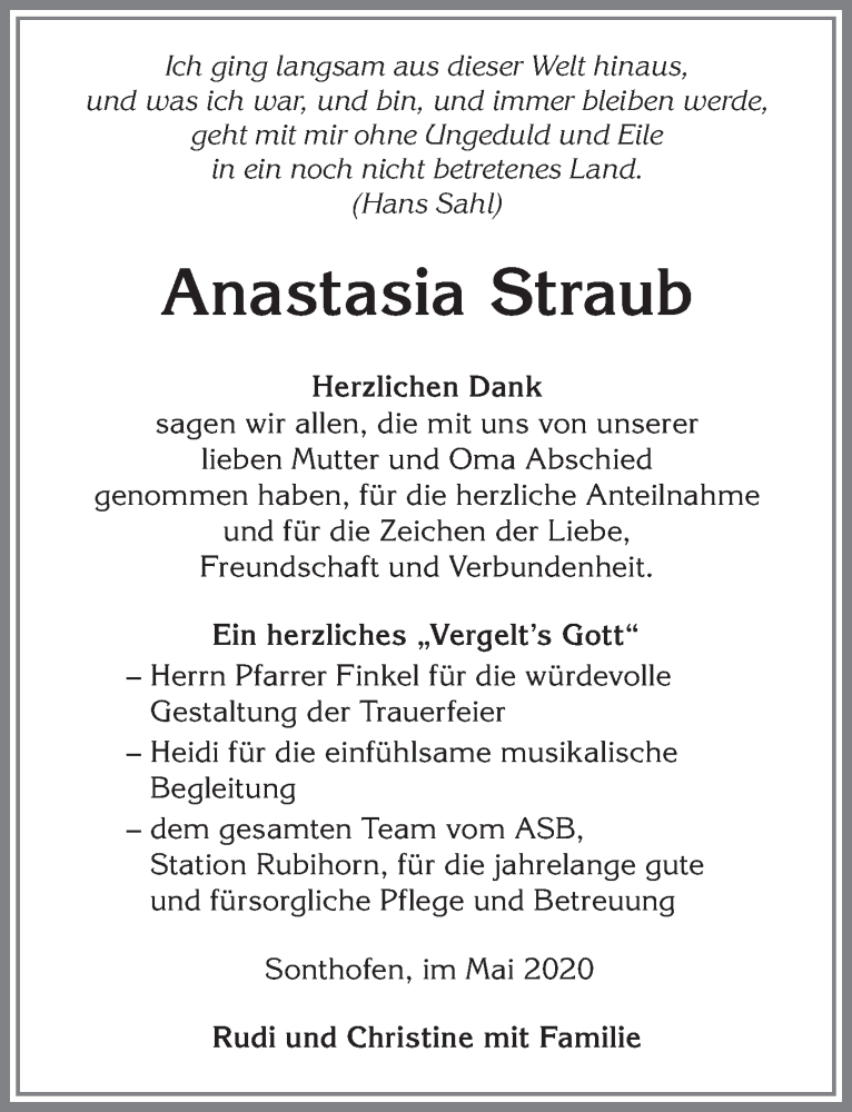 Traueranzeige von Anastasia Straub von Allgäuer Anzeigeblatt