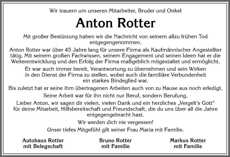 Traueranzeige von Anton Rotter von Allgäuer Zeitung,Kempten