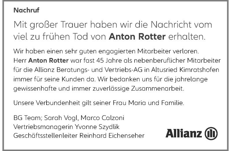 Traueranzeige von Anton Rotter von Allgäuer Zeitung,Kempten