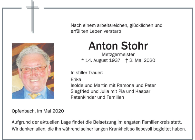 Traueranzeige von Anton Stohr von Der Westallgäuer