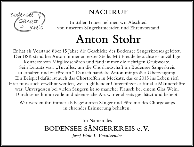 Traueranzeige von Anton Stohr von Der Westallgäuer