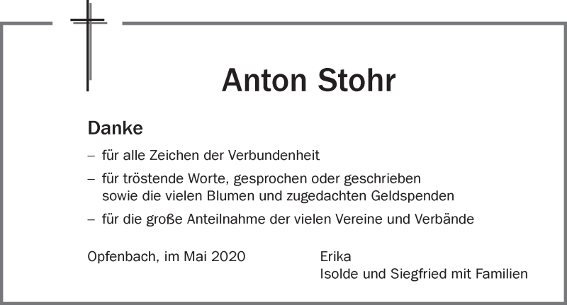 Traueranzeige von Anton Stohr von Der Westallgäuer