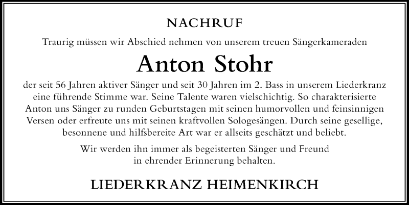 Traueranzeige von Anton Stohr von Der Westallgäuer