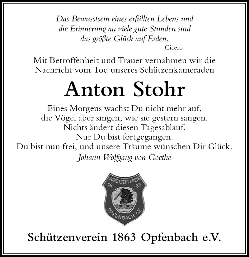 Traueranzeige von Anton Stohr von Der Westallgäuer