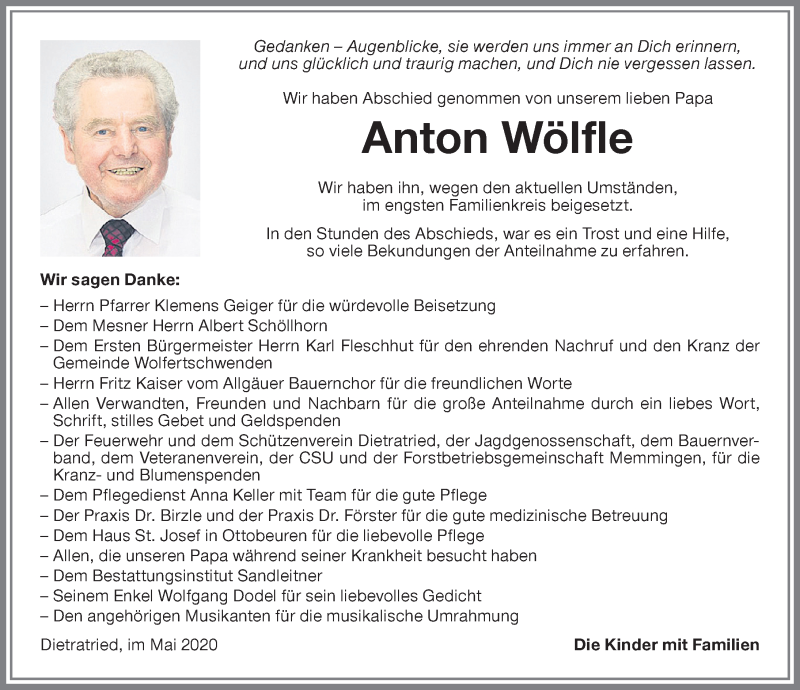 Traueranzeige von Anton Wölfle von Memminger Zeitung