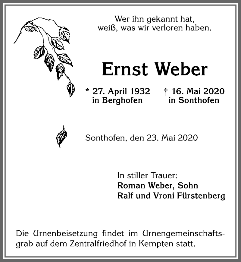 Traueranzeige von Ernst Weber von Allgäuer Anzeigeblatt