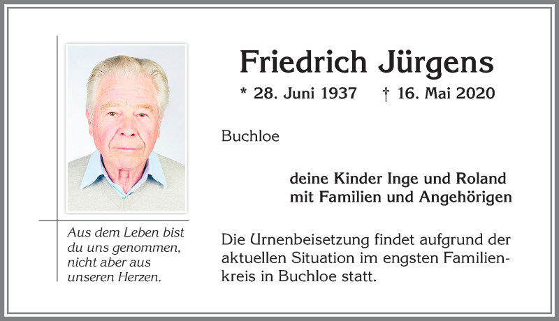 Traueranzeige von Friedrich Jürgens von Allgäuer Zeitung, Kaufbeuren/Buchloe