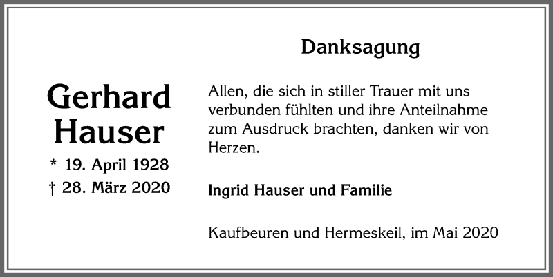 Traueranzeige von Gerhard Hauser von Allgäuer Zeitung, Kaufbeuren/Buchloe