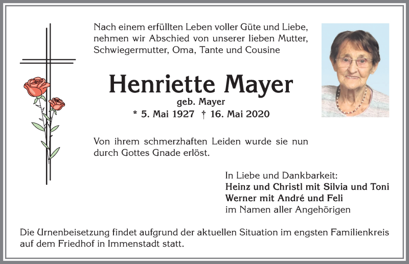 Traueranzeige von Henriette Mayer von Allgäuer Anzeigeblatt