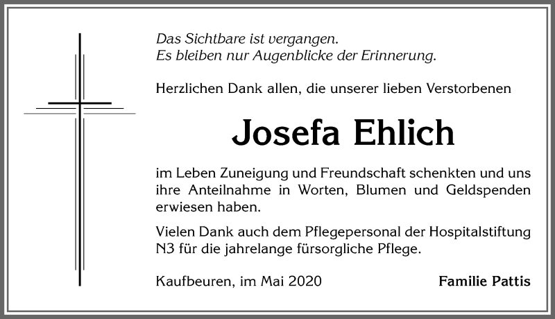 Traueranzeige von Josefa Ehlich von Allgäuer Zeitung, Kaufbeuren/Buchloe
