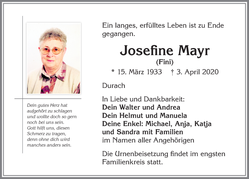 Traueranzeige von Josefine Mayr von Allgäuer Zeitung,Kempten