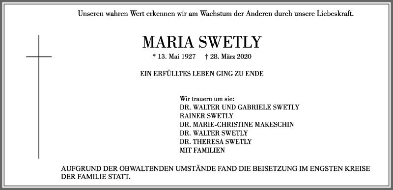 Traueranzeige von Maria Swetly von Allgäuer Zeitung, Kaufbeuren/Buchloe