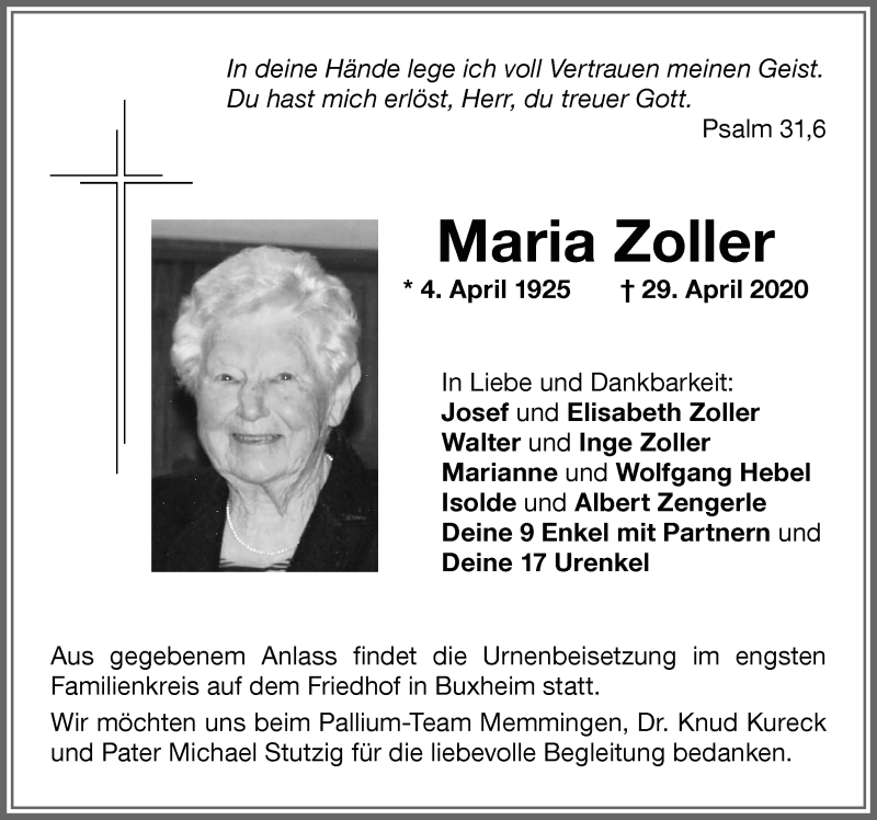 Traueranzeige von Maria Zoller von Memminger Zeitung