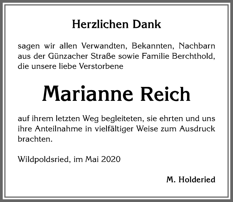 Traueranzeige von Marianne Reich von Allgäuer Zeitung,Kempten