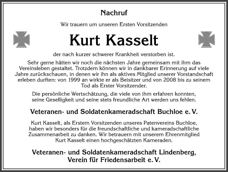 Traueranzeige von NilKurt Kasselt von Allgäuer Zeitung, Kaufbeuren/Buchloe
