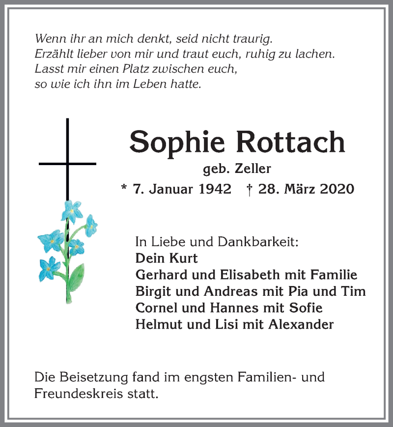 Traueranzeige von Sophie Rottach von Allgäuer Anzeigeblatt