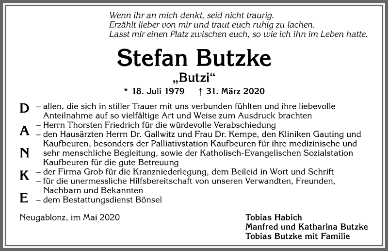 Traueranzeige von Stefan Butzke von Allgäuer Zeitung, Kaufbeuren/Buchloe