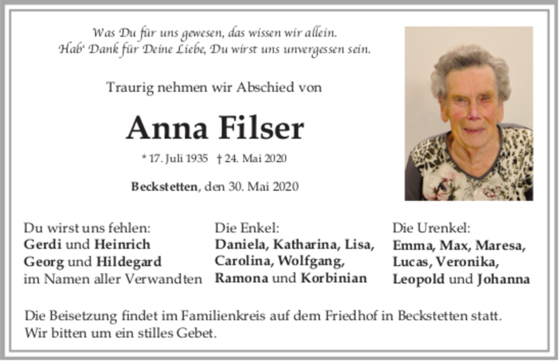 Traueranzeige von Anna Filser von Allgäuer Zeitung, Kaufbeuren und Buchloe