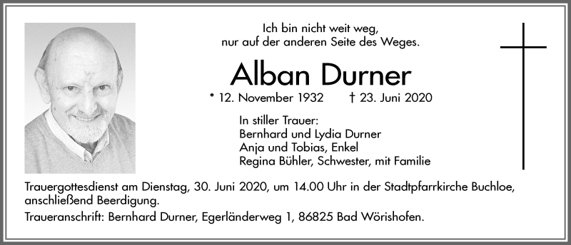 Traueranzeige von Alban Durner von Allgäuer Zeitung, Kaufbeuren/Buchloe