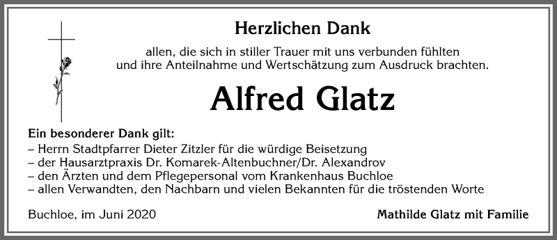 Traueranzeige von Alfred Glatz von Allgäuer Zeitung, Kaufbeuren/Buchloe