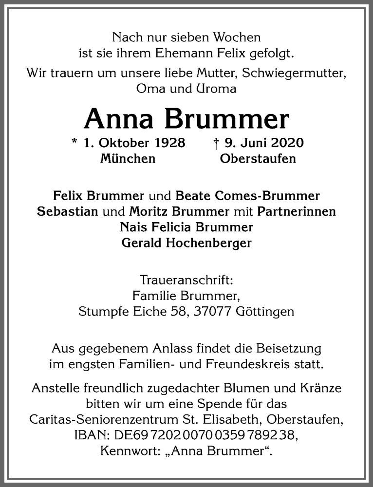 Traueranzeige von Anna Brummer von Allgäuer Anzeigeblatt