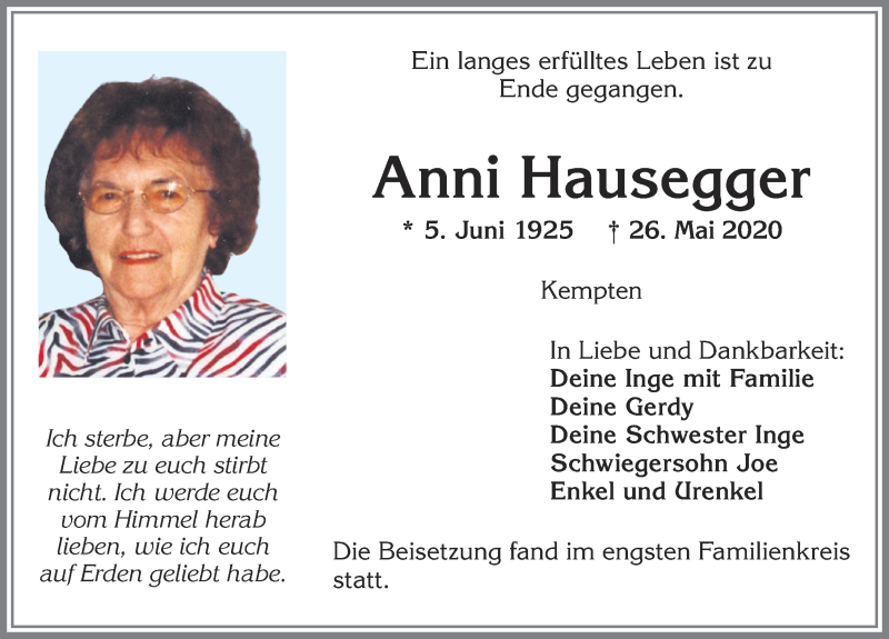Traueranzeige von Anni Hausegger von Allgäuer Zeitung,Kempten