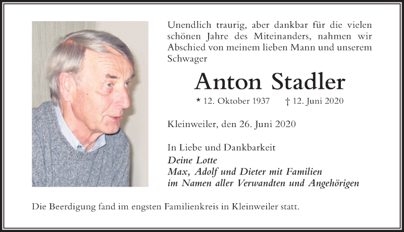 Traueranzeige von Anton Stadler von Allgäuer Zeitung,Kempten