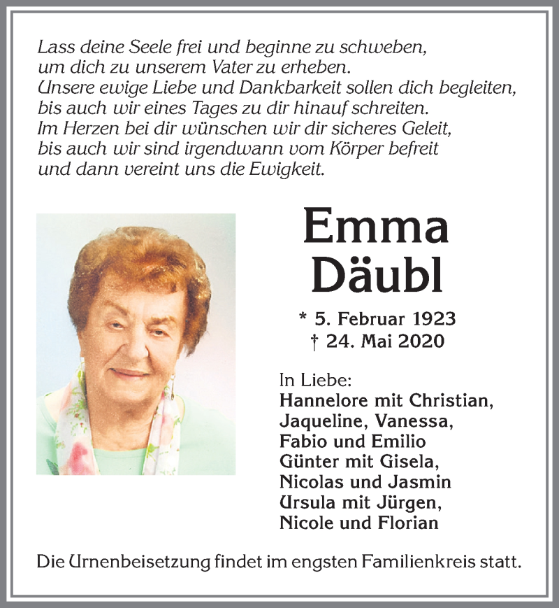 Traueranzeige von Emma Däubl von Allgäuer Zeitung,Kempten