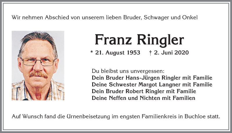 Traueranzeige von Franz Ringler von Allgäuer Zeitung, Kaufbeuren/Buchloe