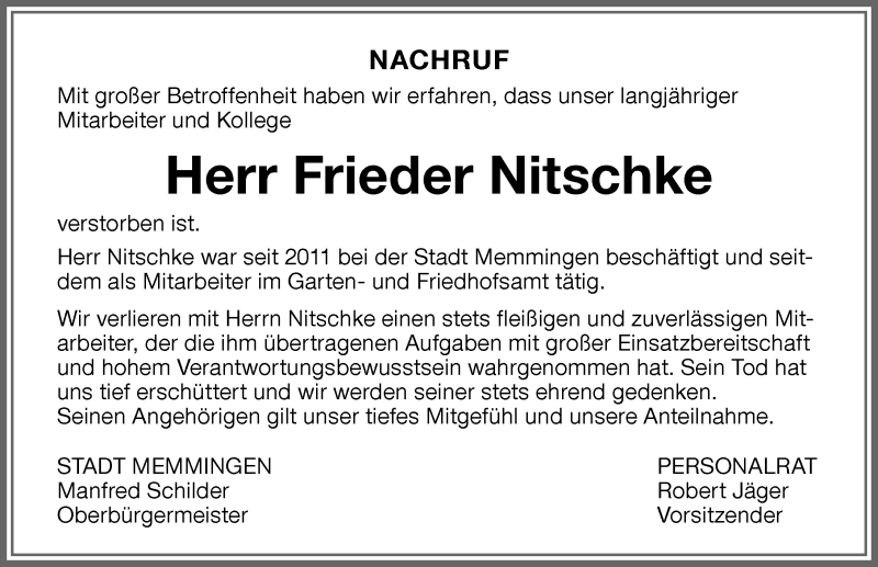 Traueranzeige von Frieder Nitschke von Memminger Zeitung