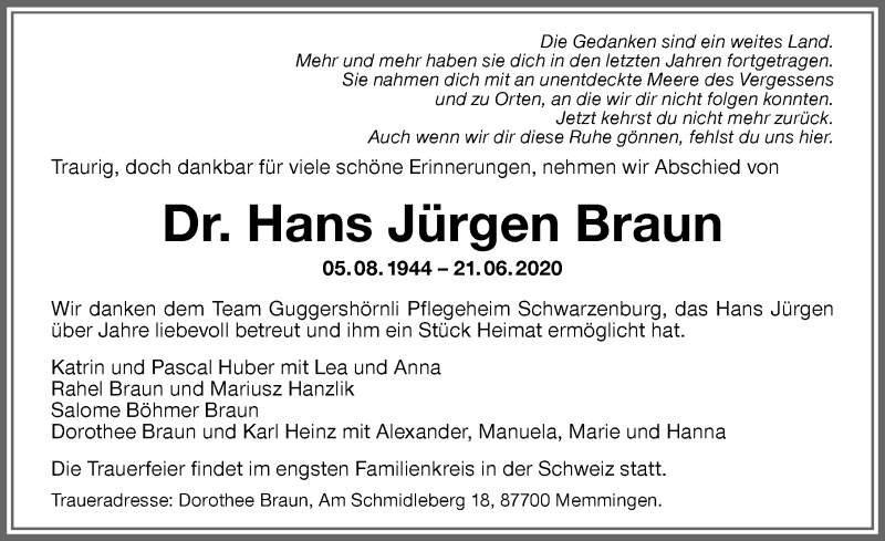 Traueranzeige von Hans Jürgen Braun von Memminger Zeitung