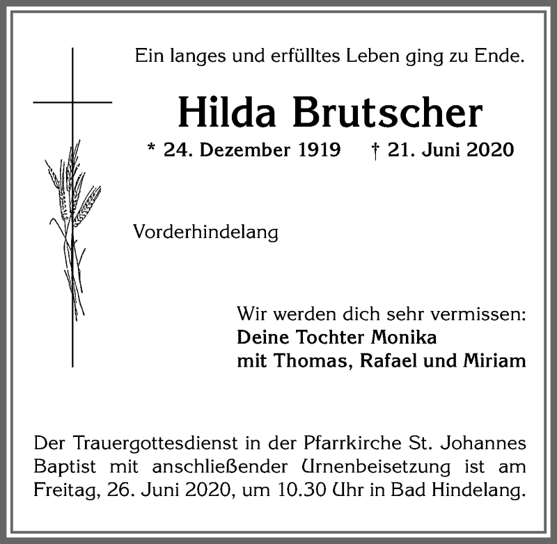 Traueranzeige von Hilda Brutscher von Allgäuer Anzeigeblatt
