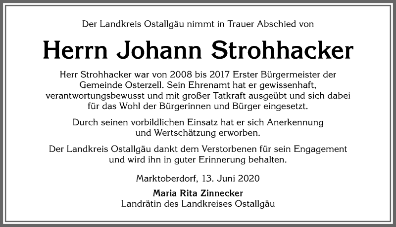 Traueranzeige von Johann Strohhacker von Allgäuer Zeitung