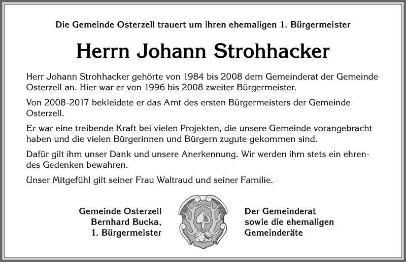 Traueranzeige von Johann Strohhacker von Allgäuer Zeitung, Kaufbeuren/Buchloe