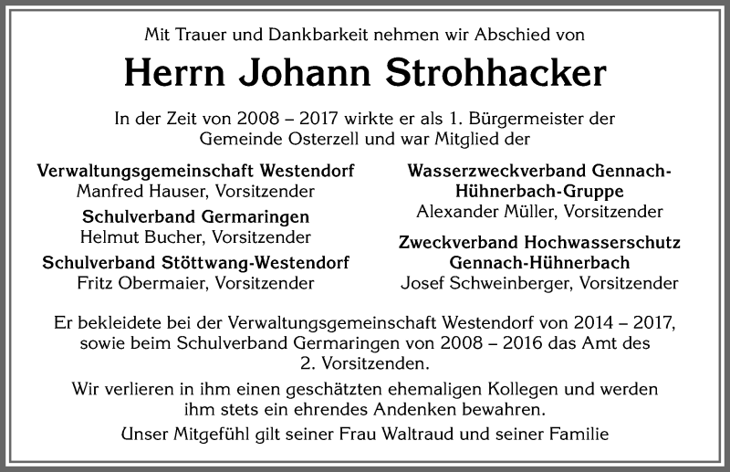 Traueranzeige von Johann Strohhacker von Allgäuer Zeitung, Kaufbeuren/Buchloe