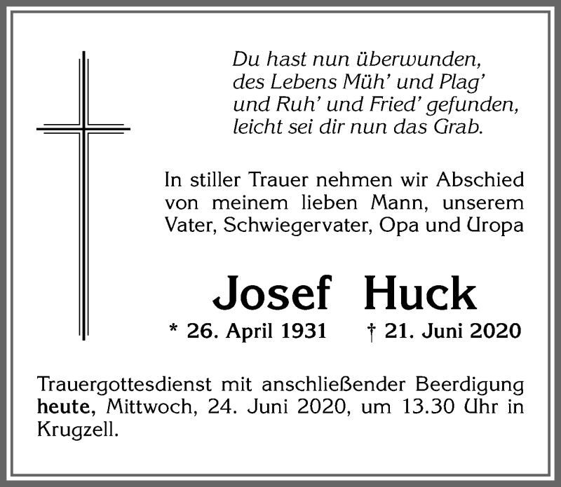 Traueranzeige von Josef Huck von Allgäuer Zeitung,Kempten