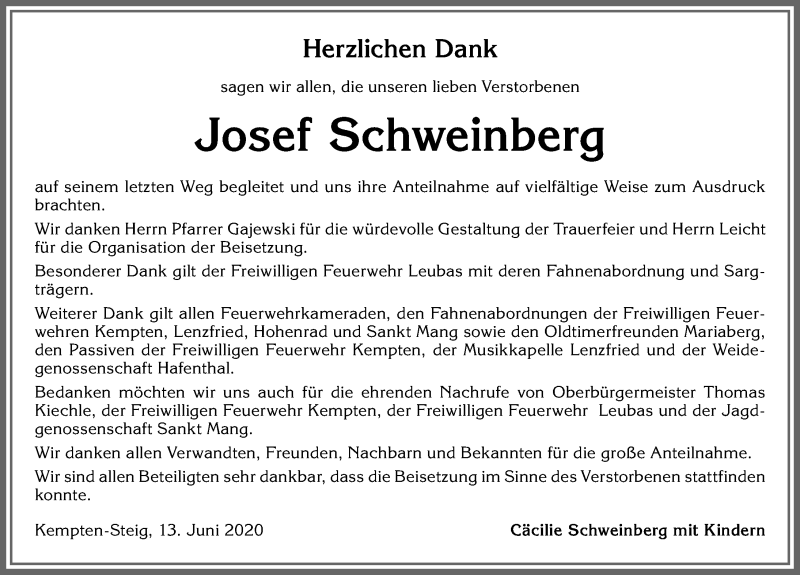 Traueranzeige von Josef Schweinberg von Allgäuer Zeitung,Kempten