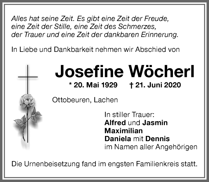 Traueranzeige von Josefine Wöcherl von Memminger Zeitung