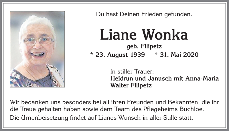 Traueranzeige von Liane Wonka von Allgäuer Zeitung, Kaufbeuren/Buchloe