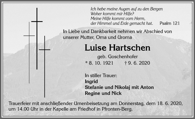 Traueranzeige von Luise Hartschen von Allgäuer Zeitung, Füssen