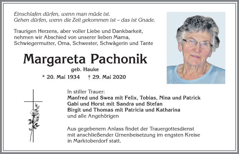Traueranzeige von Margareta Pachonik von Allgäuer Zeitung, Marktoberdorf