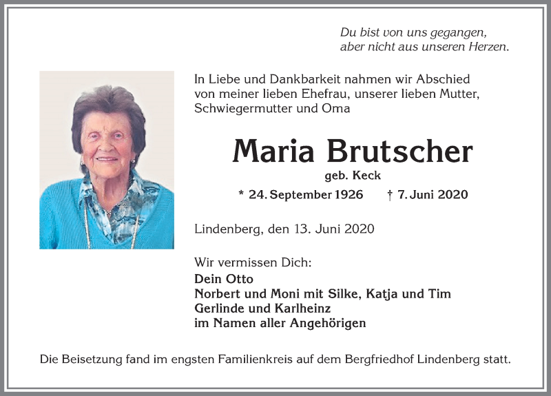 Traueranzeige von Maria Brutscher von Allgäuer Anzeigeblatt