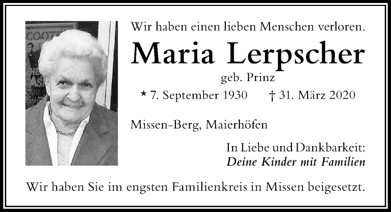 Traueranzeige von Maria Lerpscher von Der Westallgäuer