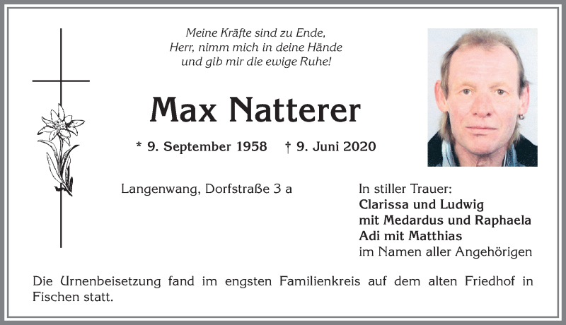 Traueranzeige von Max Natterer von Allgäuer Anzeigeblatt