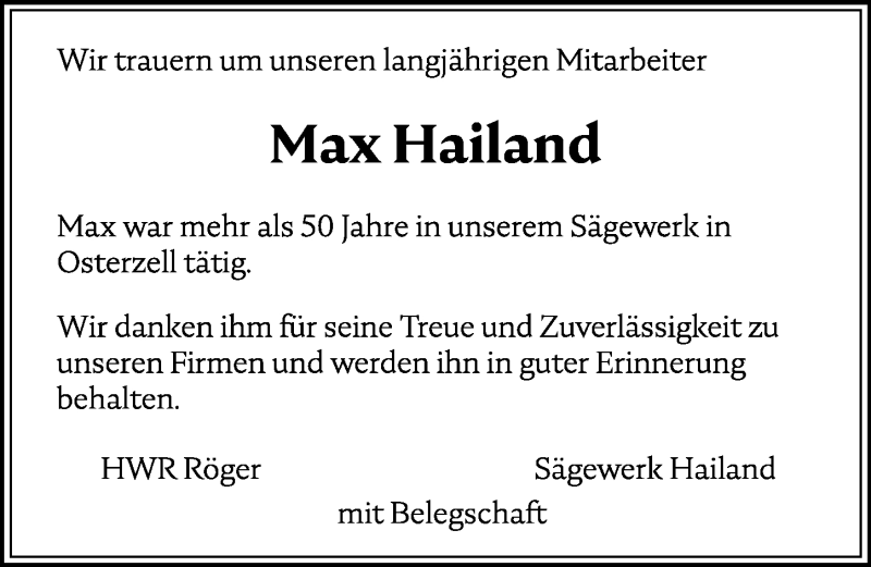 Traueranzeige von Maximilian Hailand von Allgäuer Zeitung, Kaufbeuren/Buchloe