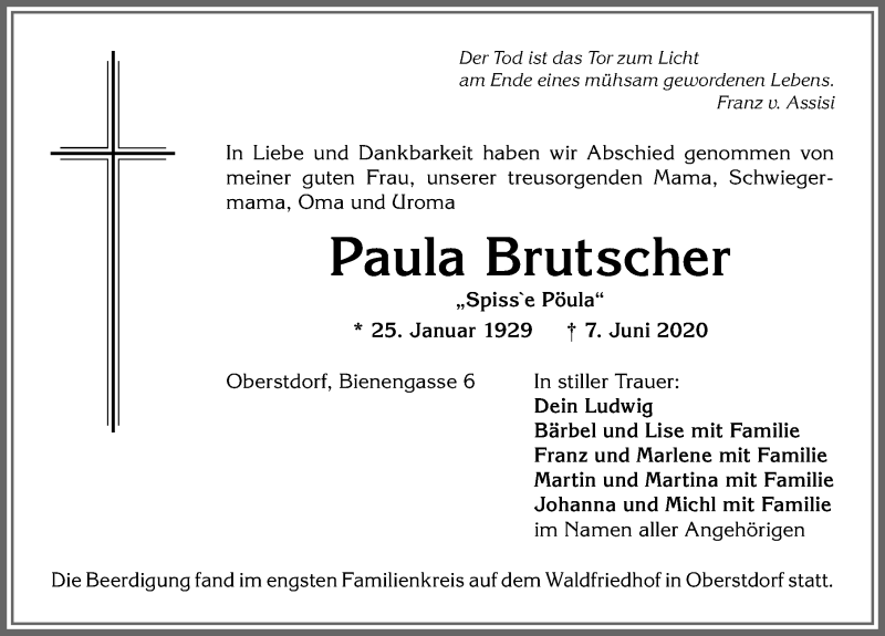 Traueranzeige von Paula Brutscher von Allgäuer Anzeigeblatt