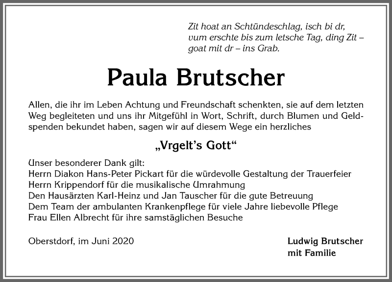Traueranzeige von Paula Brutscher von Allgäuer Anzeigeblatt