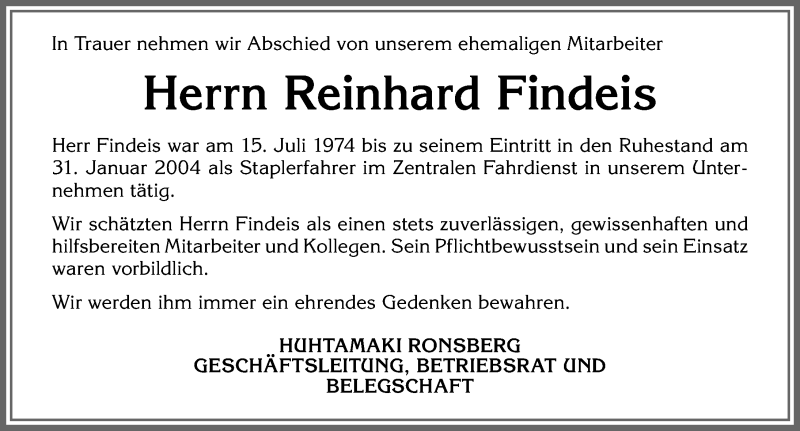 Traueranzeige von Reinhard Findeis von Allgäuer Zeitung, Marktoberdorf