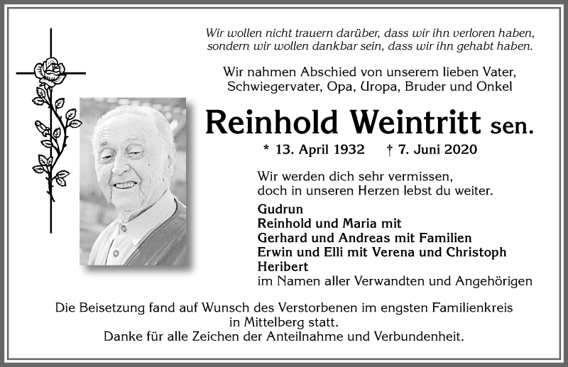 Traueranzeige von Reinhold Weintritt von Allgäuer Zeitung,Kempten